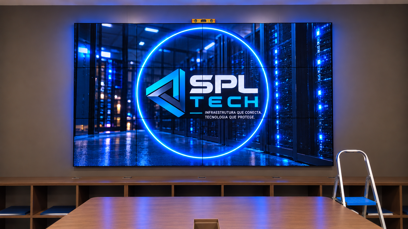 Painel de video wall instalado com a identidade visual da SPL Tech